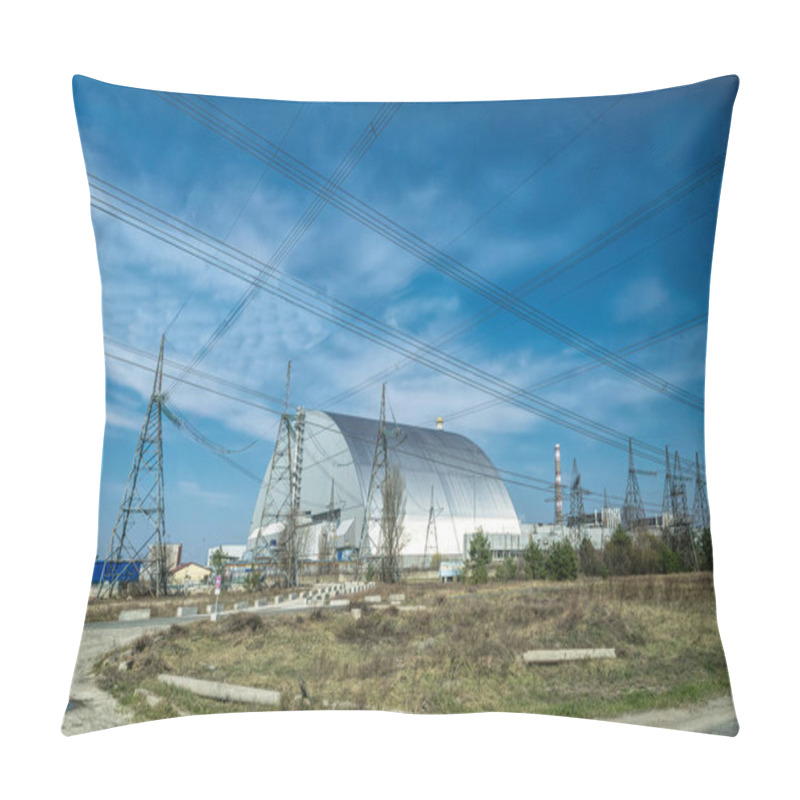 Personality  Pripyat City, Kiev Region, Ukraine - April 13 2019: Metal Hangar Shelter On The Emergency Fourth Power Unit Of The Chernobyl Nuclear Power Plant And A Memorial To The Victims Of The Chernobyl Disaster Pillow Covers