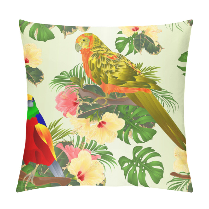 Personality  Seamless Texture Tropical Bird And Sun Conure Parrot    With Tropical Flowers Hibiscus Palm,philodendron Watercolor Background Vintage Vector Illustration Editable Hand Draw Pillow Covers