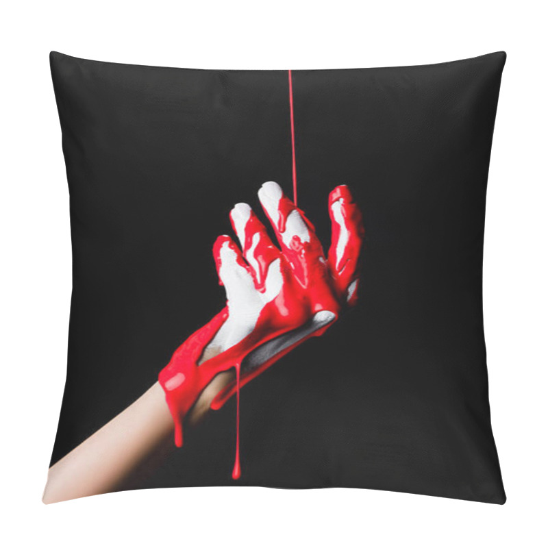 Personality  Partial View Of White Painted Hand With Red Dripping Paint Isolated On Black Pillow Covers