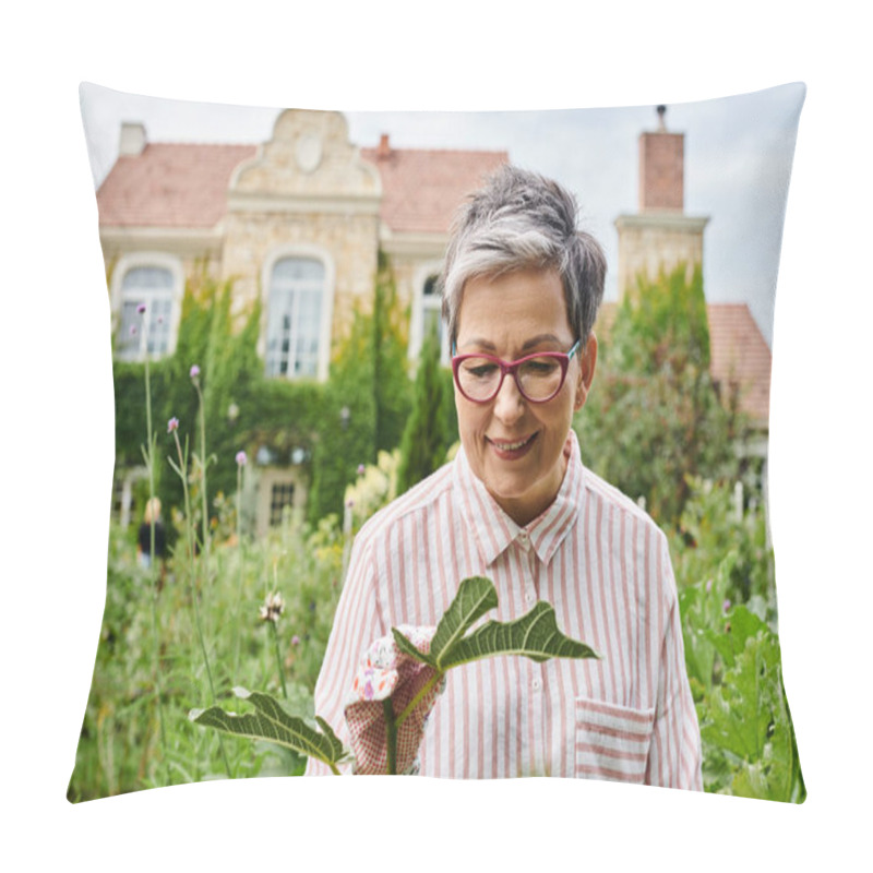 Personality  Attractive Happy Mature Woman With Glasses Working In Her Vivid Green Garden And Smiling Joyfully Pillow Covers