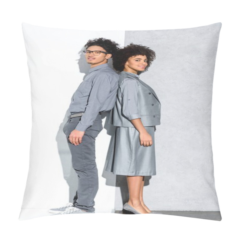 Personality  Young African Amercian Smiling Couple In Grey Suits Standing Back To Back And Looking At Camera On Grey And White Background  Pillow Covers