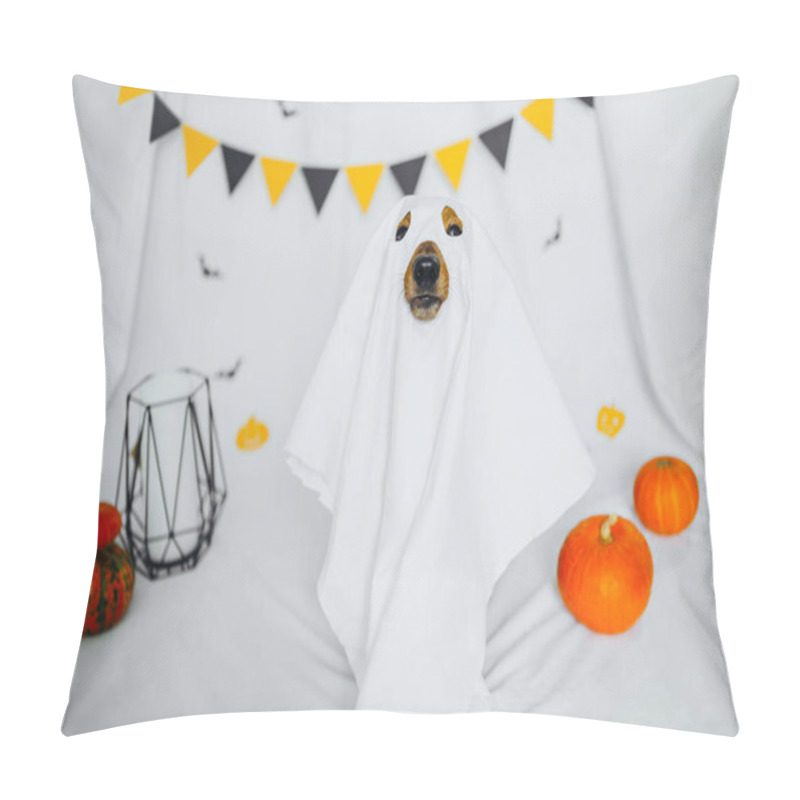 Personality  A Playful Dog Dressed As A Ghost For Halloween Celebration Indoors Pillow Covers