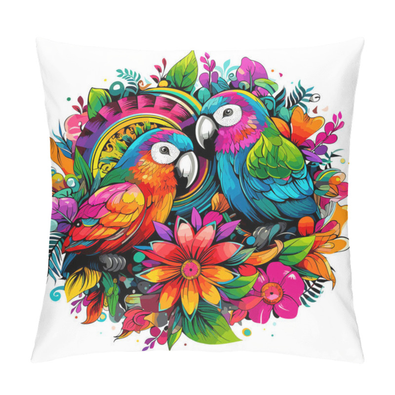 Personality  Tropical Birds Illustration. Decorative Colourful Image Of Parrots Among Bright Flowers Isolated On White Background In Eye-catching Pop Art Style. Template For T-shirt, Sticker, Etc. Pillow Covers