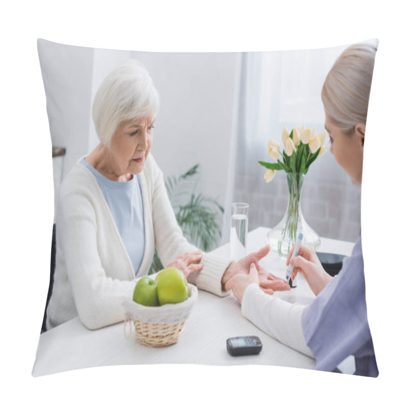 Personality  Young Nurse Doing Insulin Injection To Senior Diabetic Woman At Home Pillow Covers