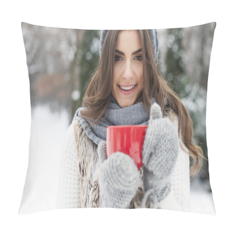 Personality  Winter Woman With Cup Of Hot Tea Pillow Covers