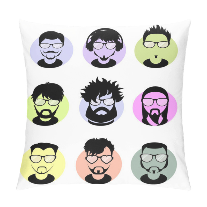 Personality  Set Avatars Profile Flat Icons, Different Characters. Trendy Beards, Glasses. Pillow Covers