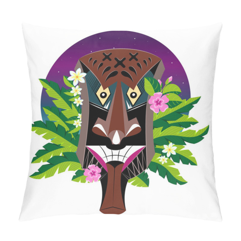 Personality  Wooden Thai Folk Mask Decorated With Geometric Patterns And Tropical Flowers. Against The Evening Sky, Vector Pillow Covers