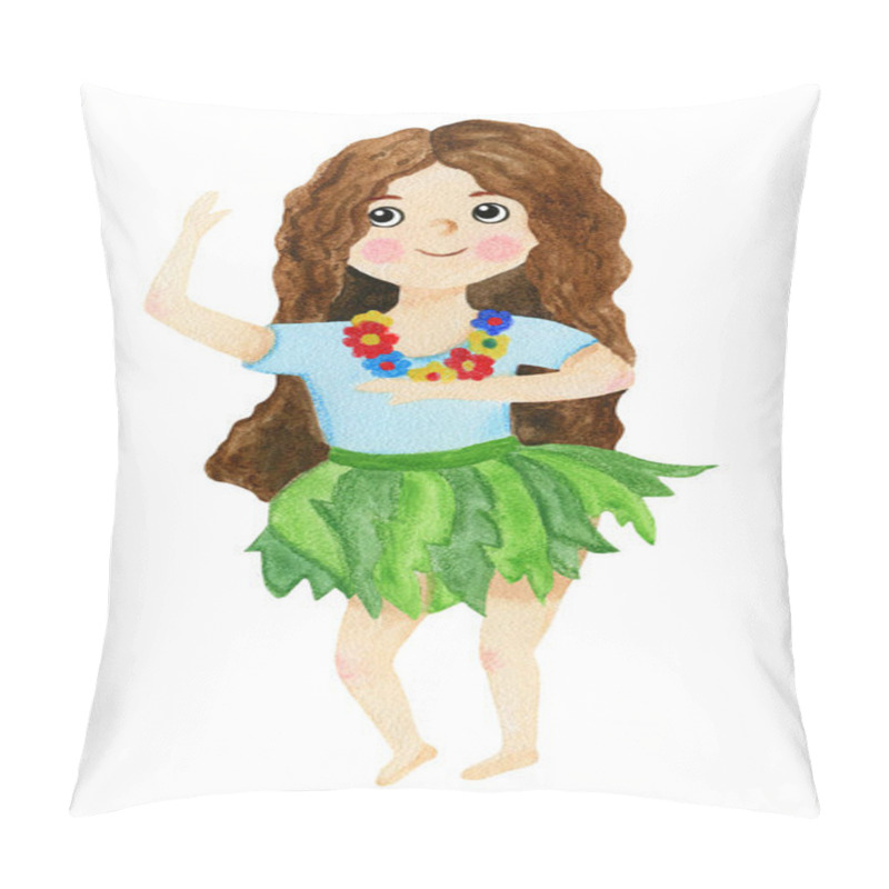 Personality  A Girl, A Brunette In A Skirt Of Palm Trees, Dances A Hawaiian Dance With Flowers. Pillow Covers