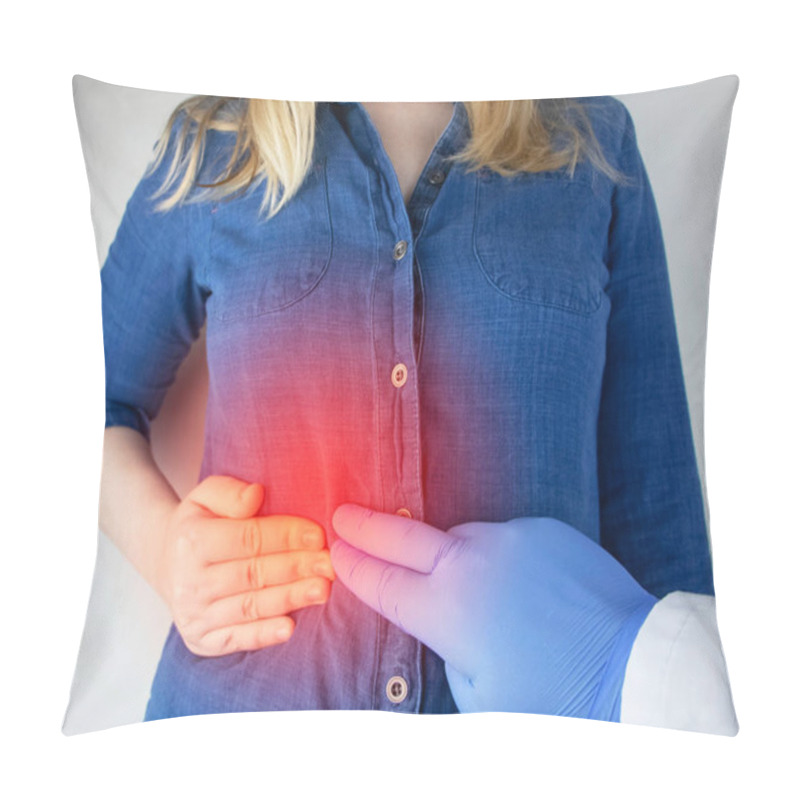 Personality  A Woman Grabs His Right Side Under The Ribs. Pain In The Liver. Pain Syndrome In Liver Disease. Hepatologist Examination Pillow Covers