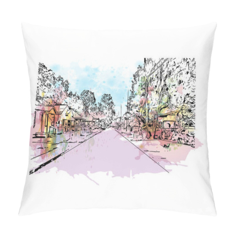 Personality  Print Building View With Landmark Of Lafayette Is A City In Southern Louisiana. Watercolor Splash With Hand Drawn Sketch Illustration In Vector. Pillow Covers