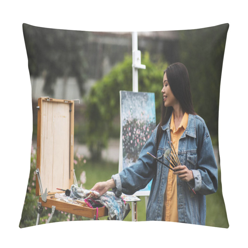 Personality  Portrait Of Asian Beautiful Woman Paint In Her Art Studio Outdoor. Young Asian Girl Holding Her Paintbrush. Artist Workshop Education Concept Pillow Covers