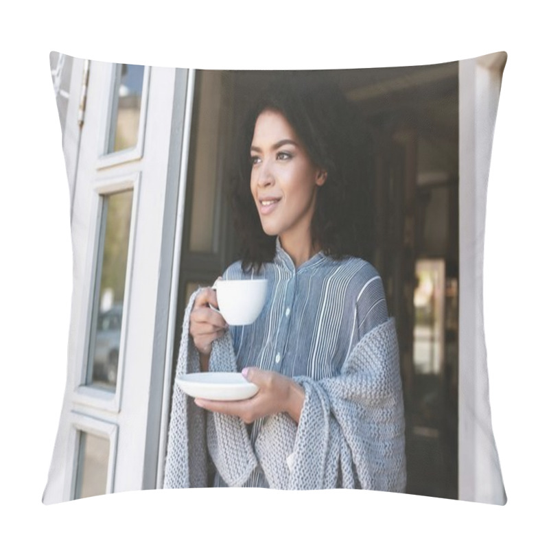 Personality  Portrait Of Beautiful Lady Wrapped In Plaid With Cup Of Coffee In Hands. Cute African American Girl Drinking Coffee In Restaurant Pillow Covers