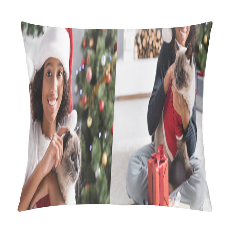 Personality  Collage Of Happy African American Girl Smiling At Camera While Cuddling Cat On Blurred Background, Banner Pillow Covers