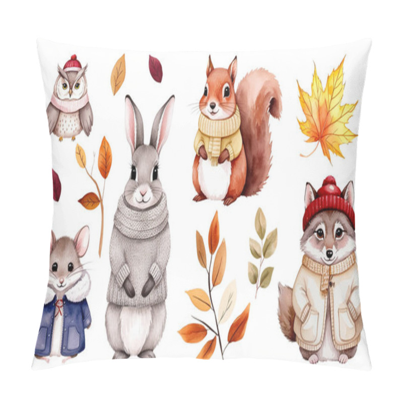 Personality  Watercolor Woodland Animals In Warm Clothes. Autumnal Collection. Squirrel, Owl, Hare, Wolf, Mouse. Pillow Covers