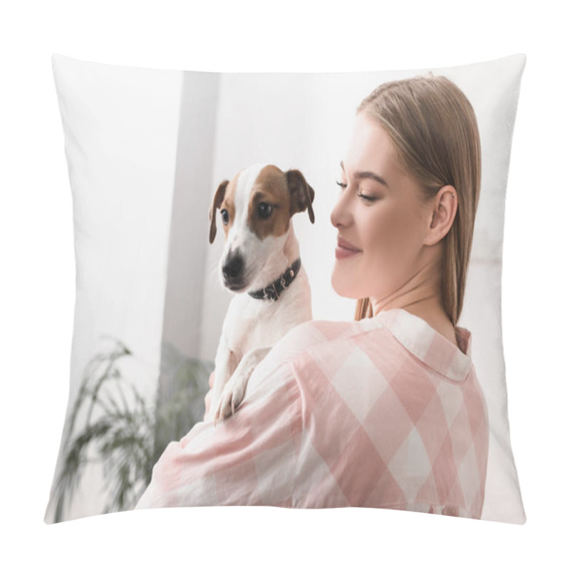 Personality  Young Cheerful Woman Holding In Arms Jack Russell Terrier In Living Room  Pillow Covers