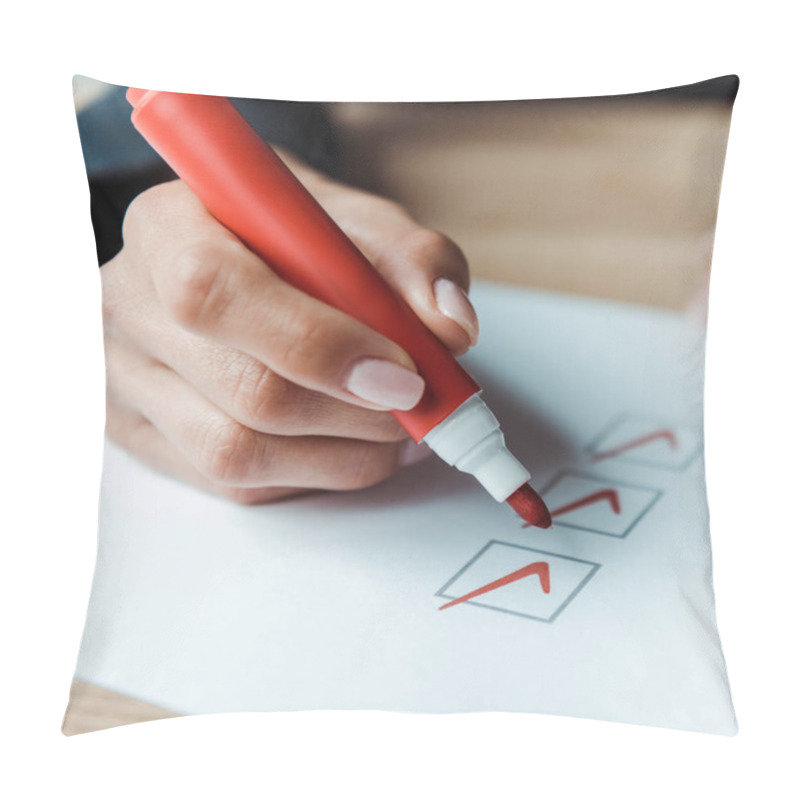 Personality  Close Up Of Woman Putting Check Park In Check List  Pillow Covers