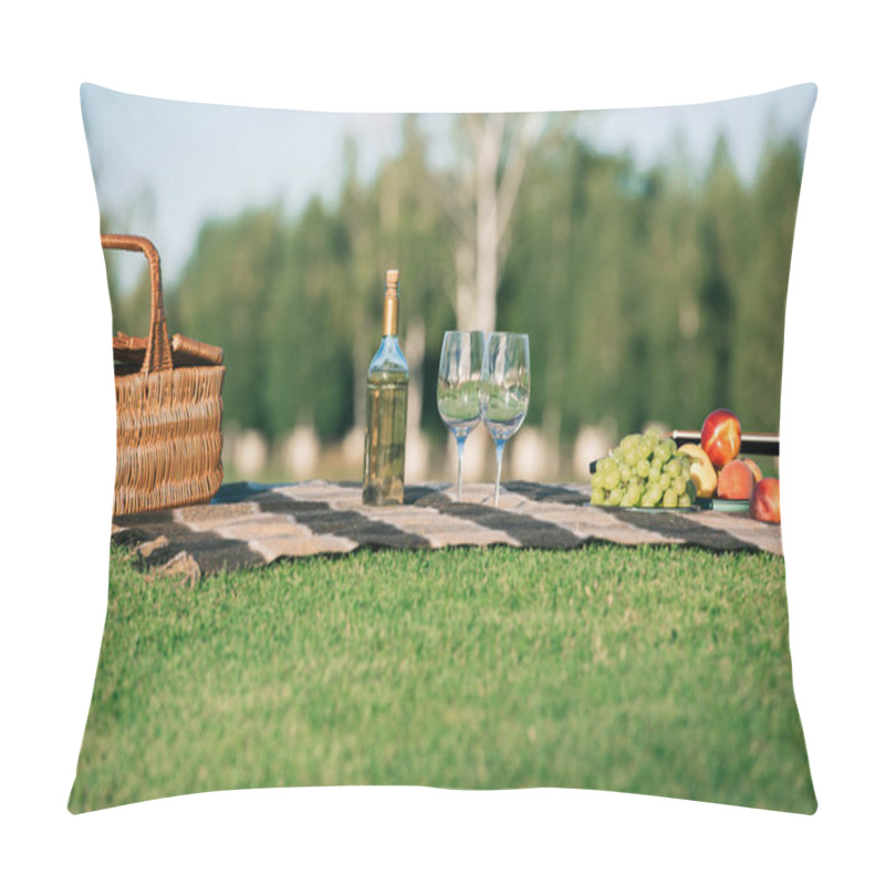 Personality  Picnic With Glasses, Bottle Of White Wine, Fruits And Wicker Basket On Blanket On Grass Pillow Covers