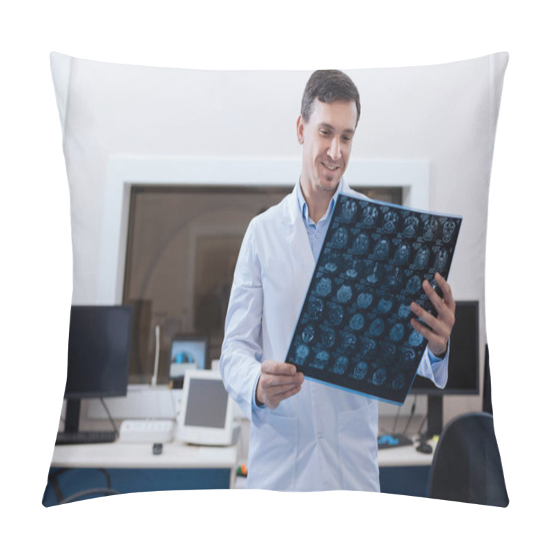 Personality  Pleasant Delighted Radiologist Looking At The MRI Scan Results Pillow Covers