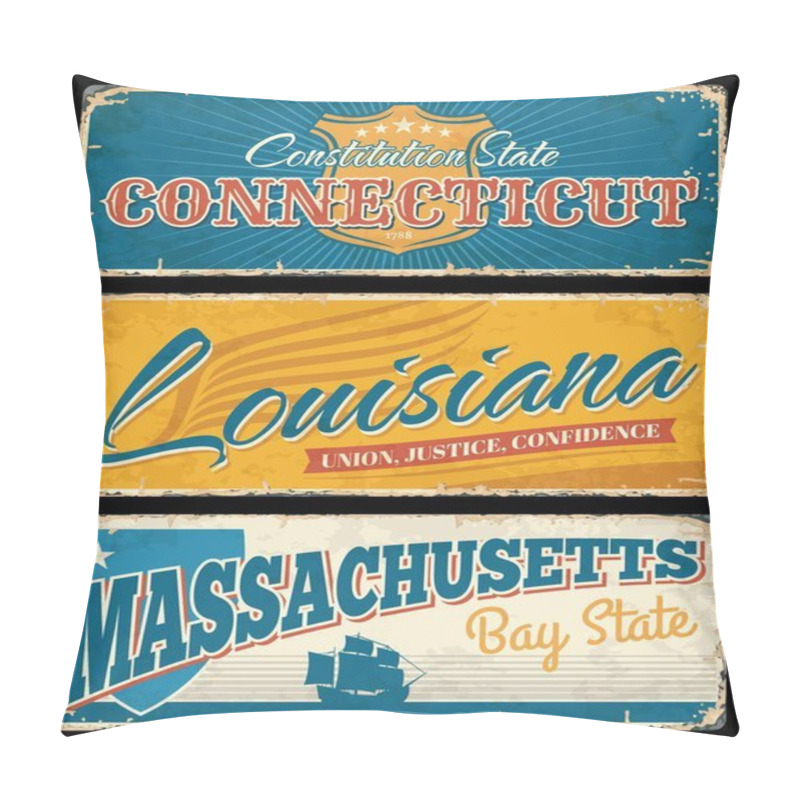 Personality  USA States Of Connecticut, Louisiana And Massachusetts Grunge Signs Of Vector American Travel And Tourism. Constitution, Bay And Pelican States Symbol Vintage Plates With Heraldic Shield, Wing, Ship Pillow Covers