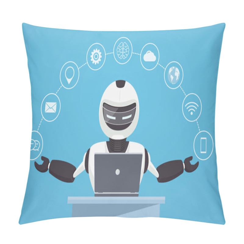 Personality  Chat Bot, Robot Virtual Assistance. Robot Sits Behind A Laptop With Help Icons Around It. Pillow Covers