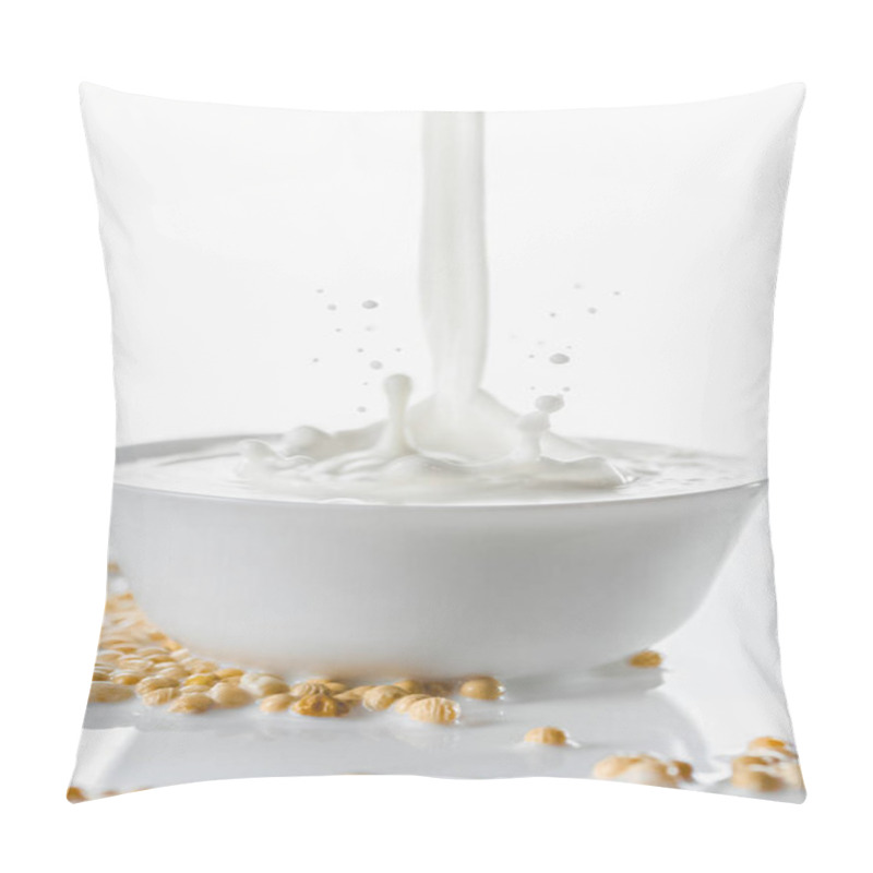 Personality  Milk Splashing  In White Bowl By Soybeans On White Background Pillow Covers