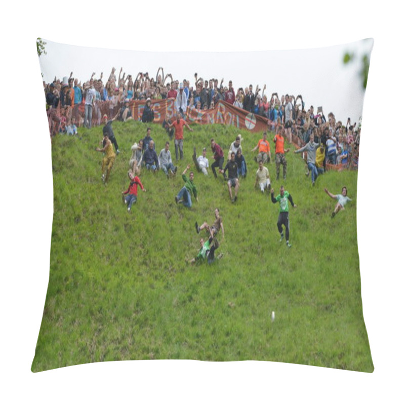 Personality  Competitors Take Part In The Traditional Cheese Rolling Races On Cooper's Hill On May 25, 2015 In Brockworth, UK. Thousands Attended The Unsanctioned Annual Event Which Dates Back To The 19th Century. Pillow Covers