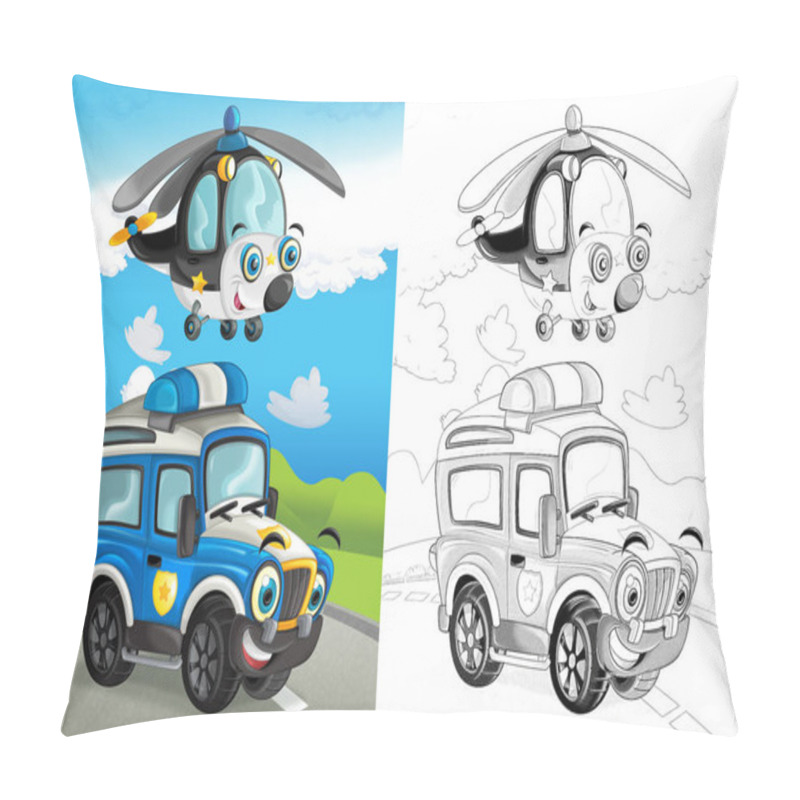 Personality  Cartoon Scene With Happy Police Team Off Road Car On The Road And Plane Flying With Coloring Page Illustration For Children Pillow Covers