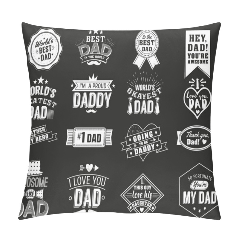 Personality  The Variety Of Black And White Dad Signs. Isolated Happy Fathers Day Quotes On The Black Background. Daddy Congratulation Label, Badge Vector Collection. Mustache, Hat, Stars Elements For Your Design. Pillow Covers