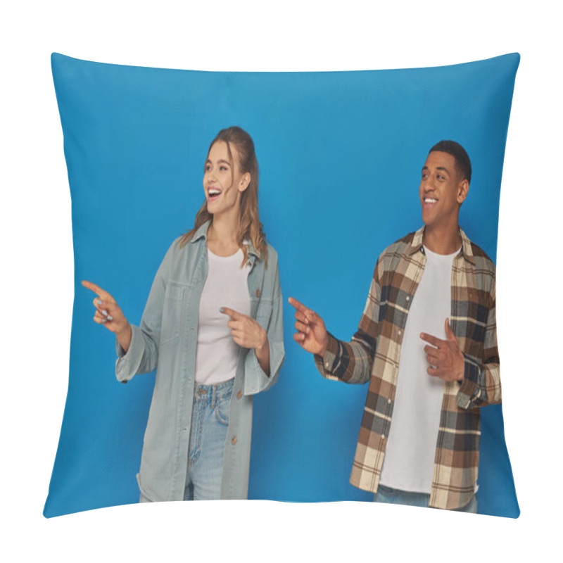 Personality  Happy Woman With Open Mouth And African American Man Pointing Away With Fingers On Blue Background Pillow Covers