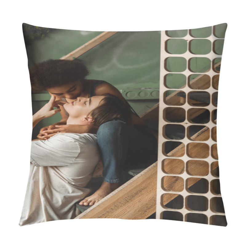 Personality  Smiling Artist Touching Face Of Seductive African American Woman Embracing Him On Stairs In Workshop Pillow Covers