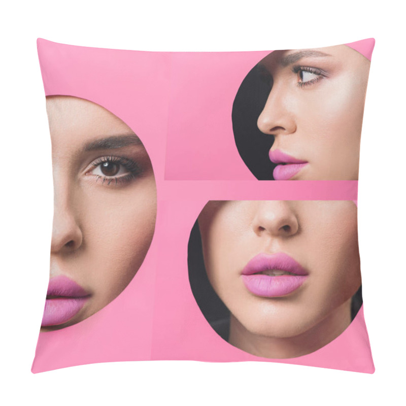 Personality  Collage Of Female Face With Smoky Eyes And Pink Lips In Round Hole In Paper  Pillow Covers