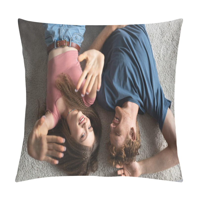 Personality  Top View Of Happy And Young Man Lying On Carpet With Cheerful Girlfriend Smiling While Gesturing In Living Room  Pillow Covers