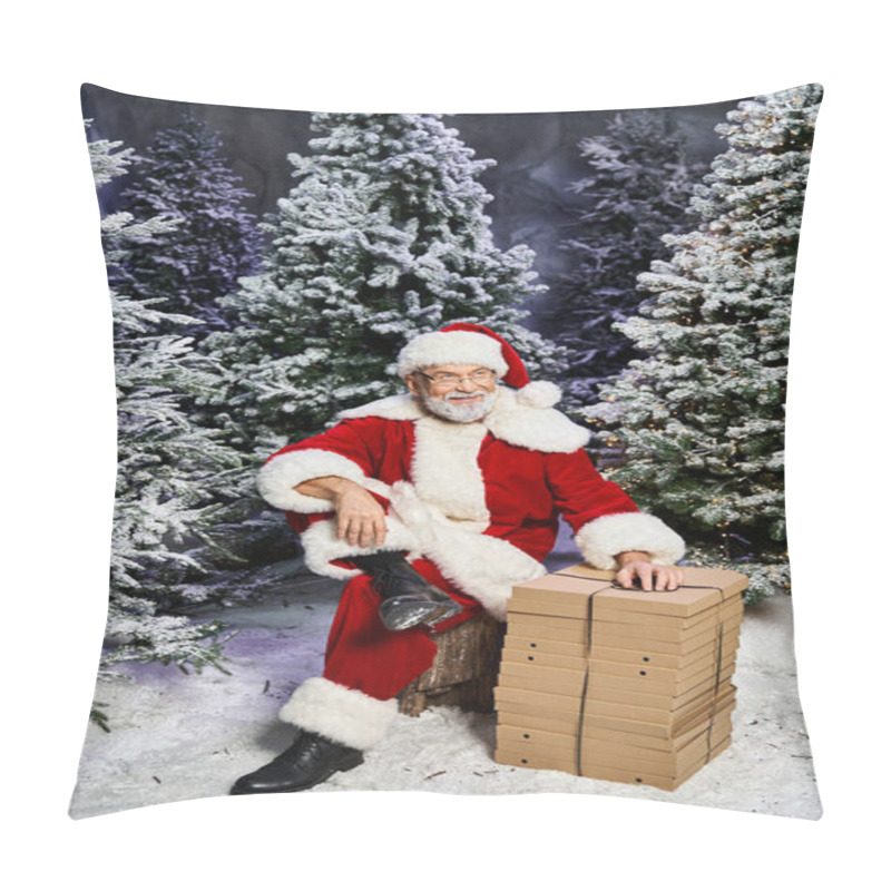 Personality  A Cheerful Figure Dressed As Santa Prepares Gift Boxes Amid Snow Covered Trees During Winter. Pillow Covers