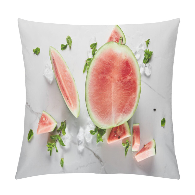 Personality  Top View Of Cut Delicious Red Watermelon With Seeds On Marble Surface With Ice And Mint Pillow Covers