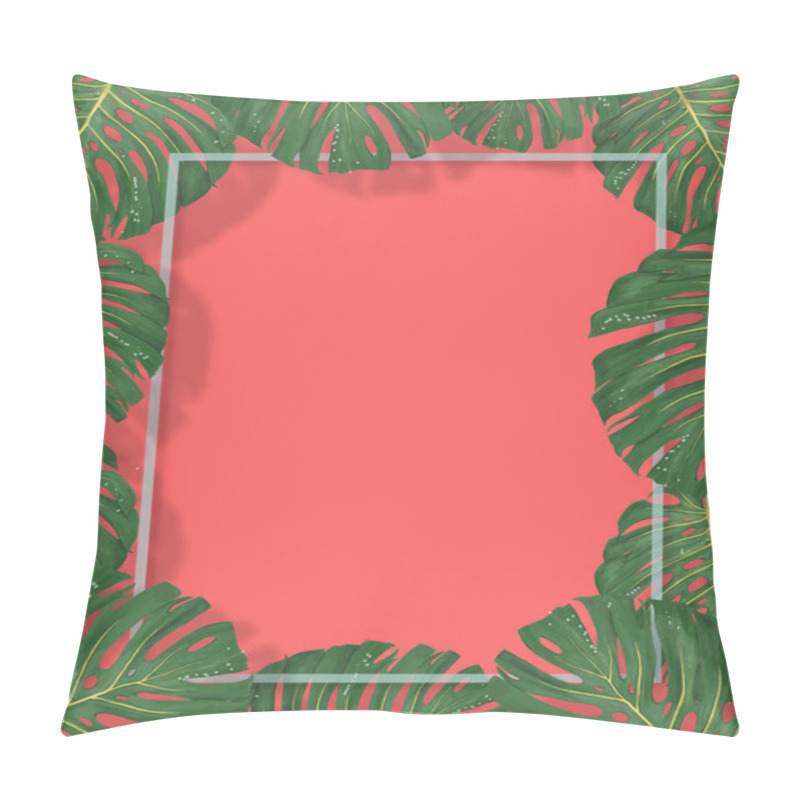 Personality  Tropical Palm Leaves Frame On Coral Backdrop. Summer Tropical Leaf. Exotic Hawaiian Jungle, Summertime Background. Pastel Monochrome Art Colorful Minimal Style, Paper Cut Pillow Covers