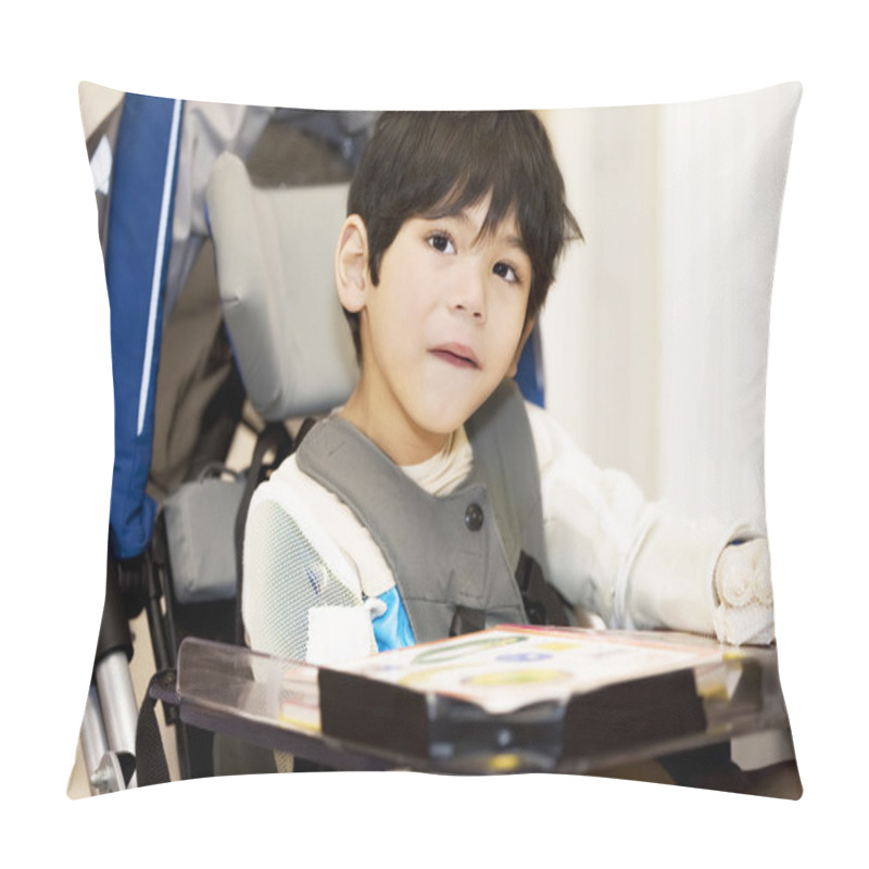 Personality  Disabled Four Year Old Boy Studying Or Reading In Wheelchair Pillow Covers