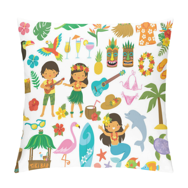 Personality  Tropical Clipart Set. Hawaii Hula Dancers, Beach Related Items And Other Cartoons For Summer. Pillow Covers