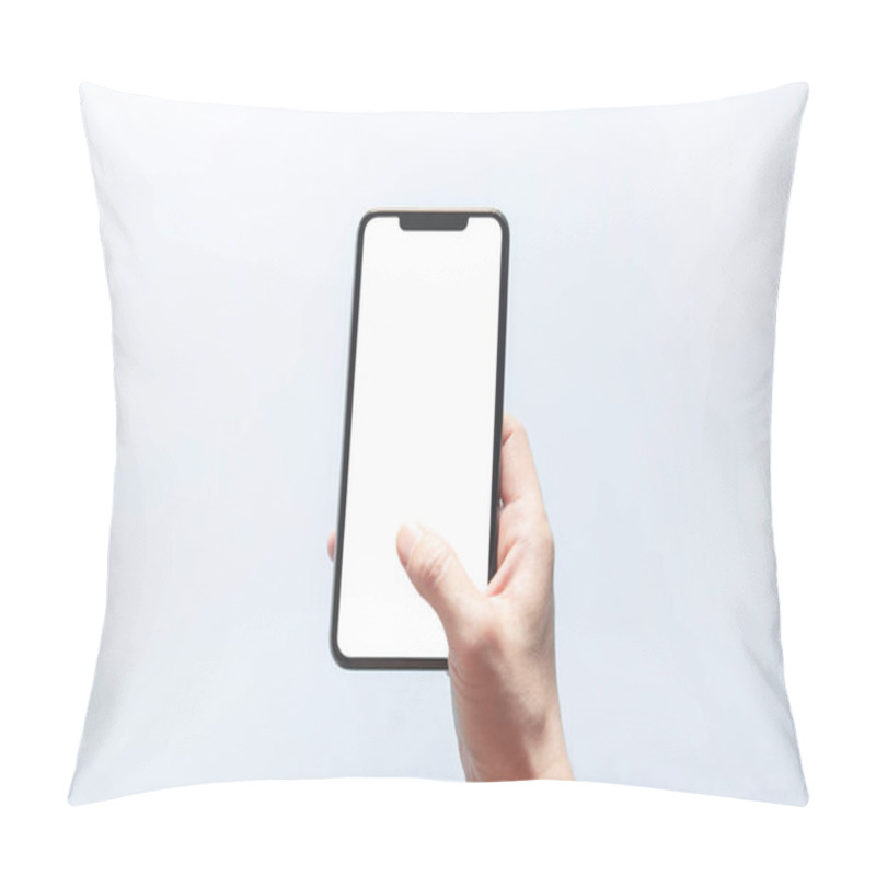 Personality  Smartphone Mockup. Close Up Hand Holding Black Phone White Screen. Isolated On White Background. Mobile Phone Frameless Design Concept. Pillow Covers