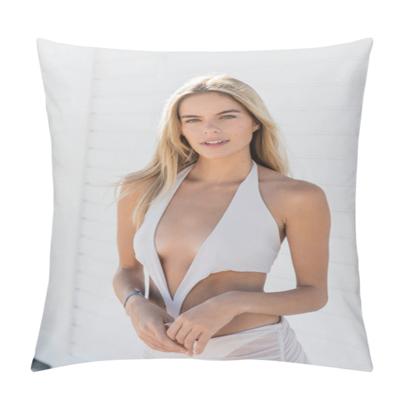 Personality  A Stunning Blonde Woman Stands Gracefully In A Flowing White Dress, Posing For A Photograph On The Sunny Miami Beach. Pillow Covers