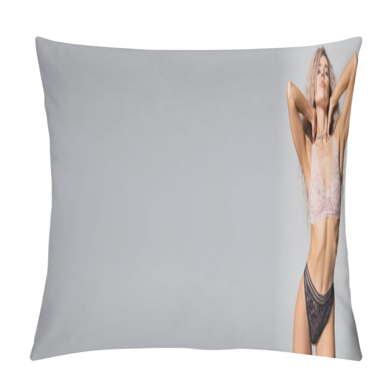 Personality  Sexy Fashion Photography, Stylish Lace Lingerie, Passionate Woman With Toned Body, Wavy Ash Blonde Hair And Closed Eyes Posing With Hands Near Neck On Grey Background, Banner With Copy Space Pillow Covers