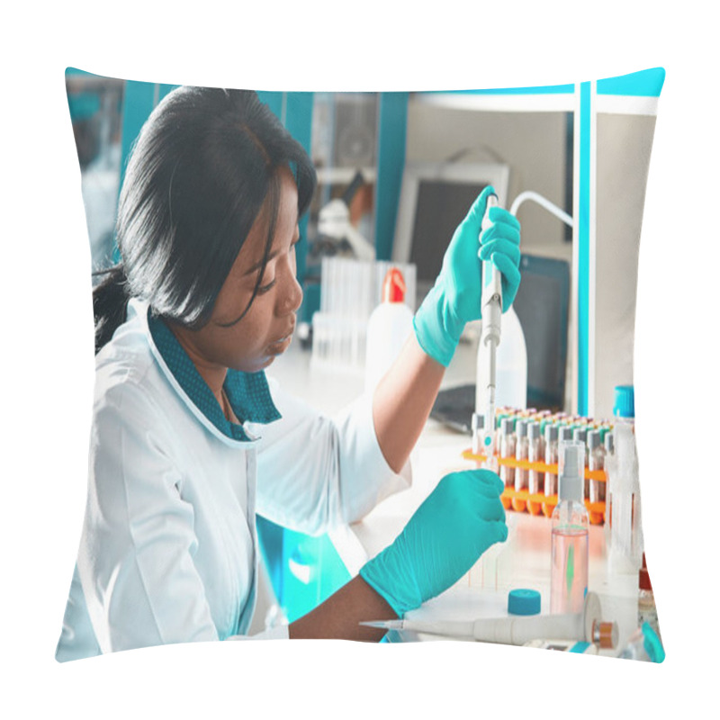 Personality  African Scientist Or Graduate Student In Lab Coat And Protective Wear Performs PCR Testing Of Patient Samples In Modern Test Laboratory. Troubleshooting Of Pcr Kits To Diagnose Covid-19 Patients. Pillow Covers