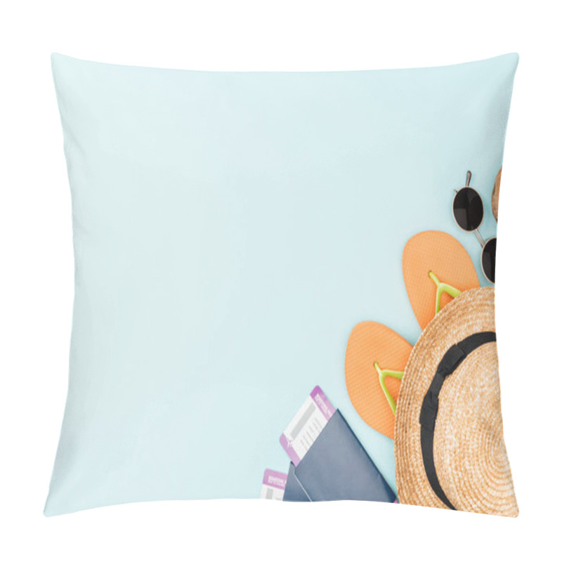 Personality  Top View Of Sunglasses, Flip Flops, Straw Hat, Coconut And Passports With Air Tickets On Blue Background  Pillow Covers