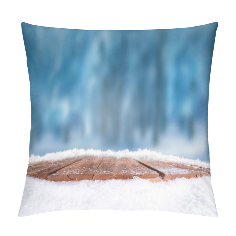 Personality  Wooden Table, Bench Covered In Snow With A Christmass, Wintery A Pillow Covers