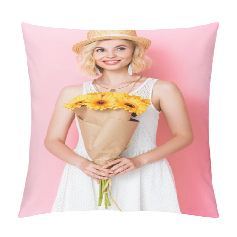 Personality  Young Woman In Straw Hat Holding Yellow Flowers On Pink  Pillow Covers