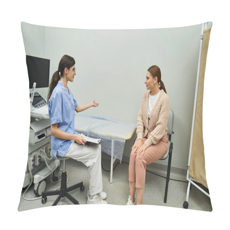 Personality  A Gynecologist In A Lab Coat Discusses Health Concerns With Her Patient In A Clinic. Pillow Covers