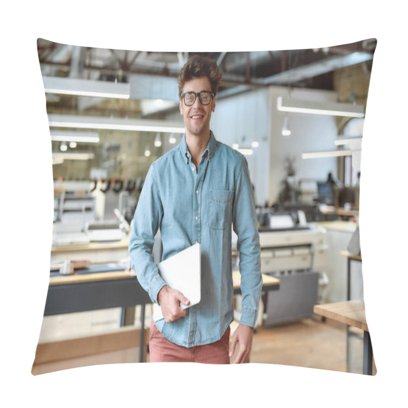 Personality  Keep Calm And Work Hard. Young Businessman Posing In Office Pillow Covers