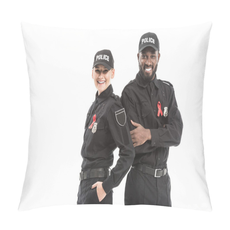 Personality  Confident Police Officers With Aids Awareness Red Ribbons Looking At Camera Isolated On White Pillow Covers