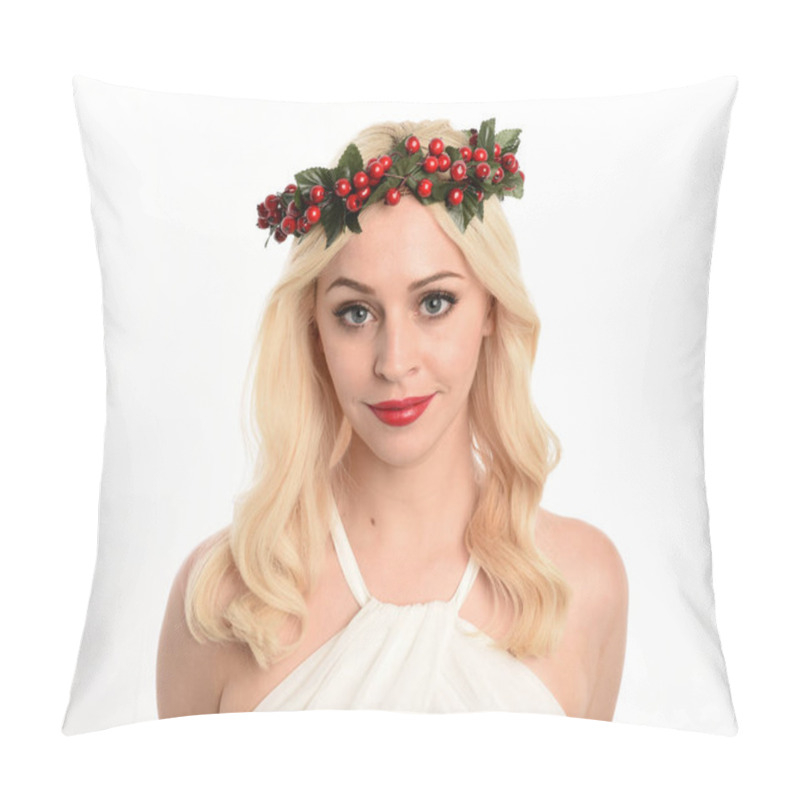 Personality  Close Up Portrait Of Beautiful Blonde Female Model Wearing Holly And Ivy Christmas  Fantasy Wreath Crown Headdress. Isolated Silhouette On White Studio Background. Pillow Covers