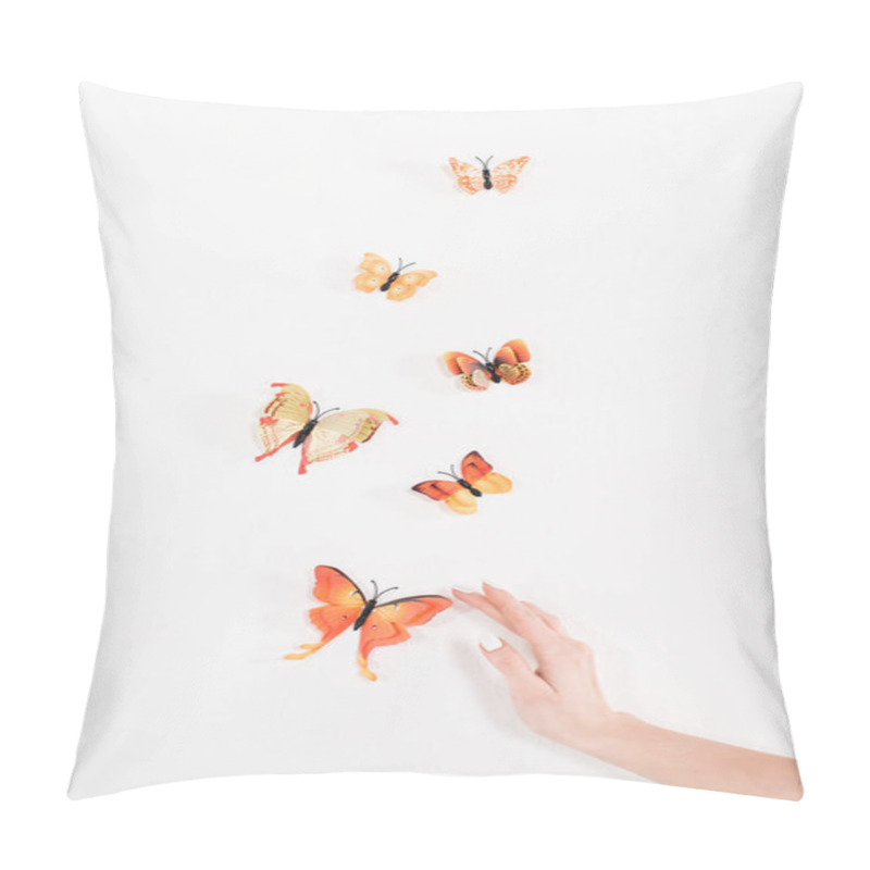 Personality  Cropped View Of Female Hand Near Orange Butterflies Flying On White Background, Environmental Saving Concept  Pillow Covers