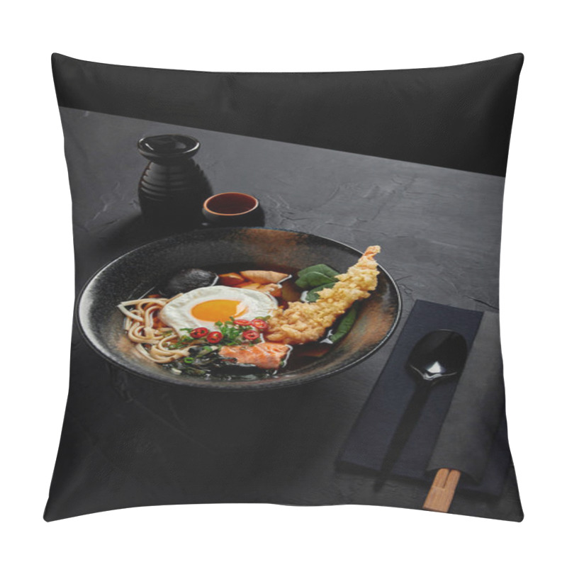 Personality  High Angle View Of Delicious Traditional Japanese Soup In Bowl With Chopsticks And Spoon  Pillow Covers